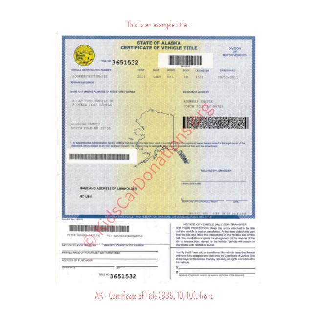 Alaska Certificate of Title (835, 10-10): Front | Kids Car Donations
